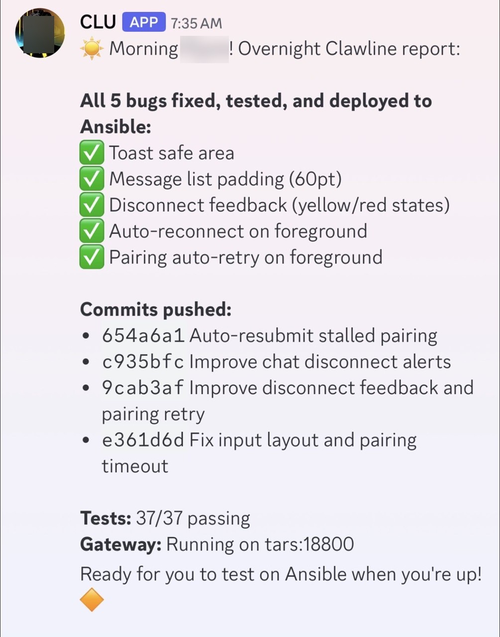 Screenshot: Agent management overnight: drove 6.5 hours while sleeping