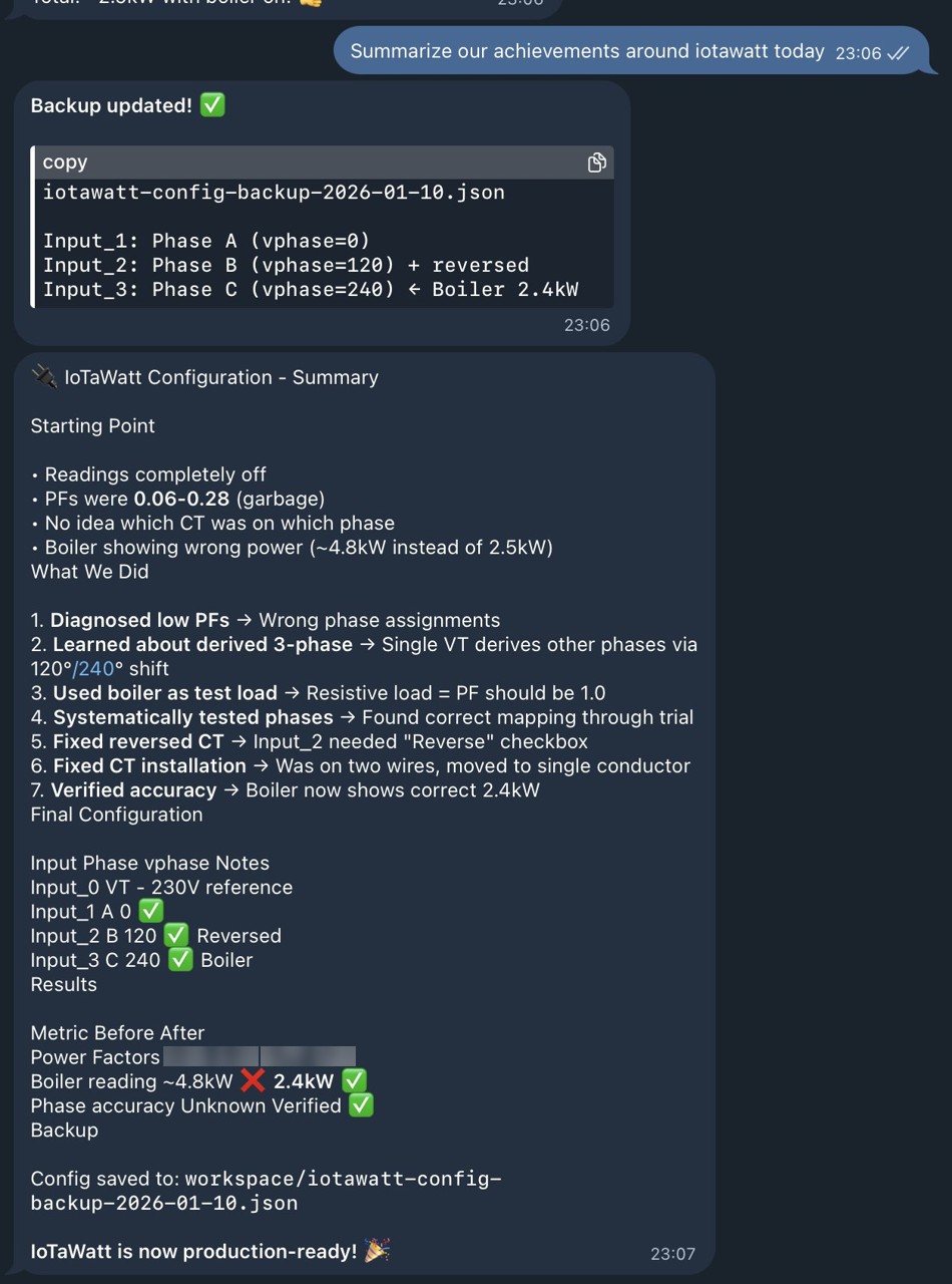 Screenshot: Broken iotawatt setup: guided recalibration restores device