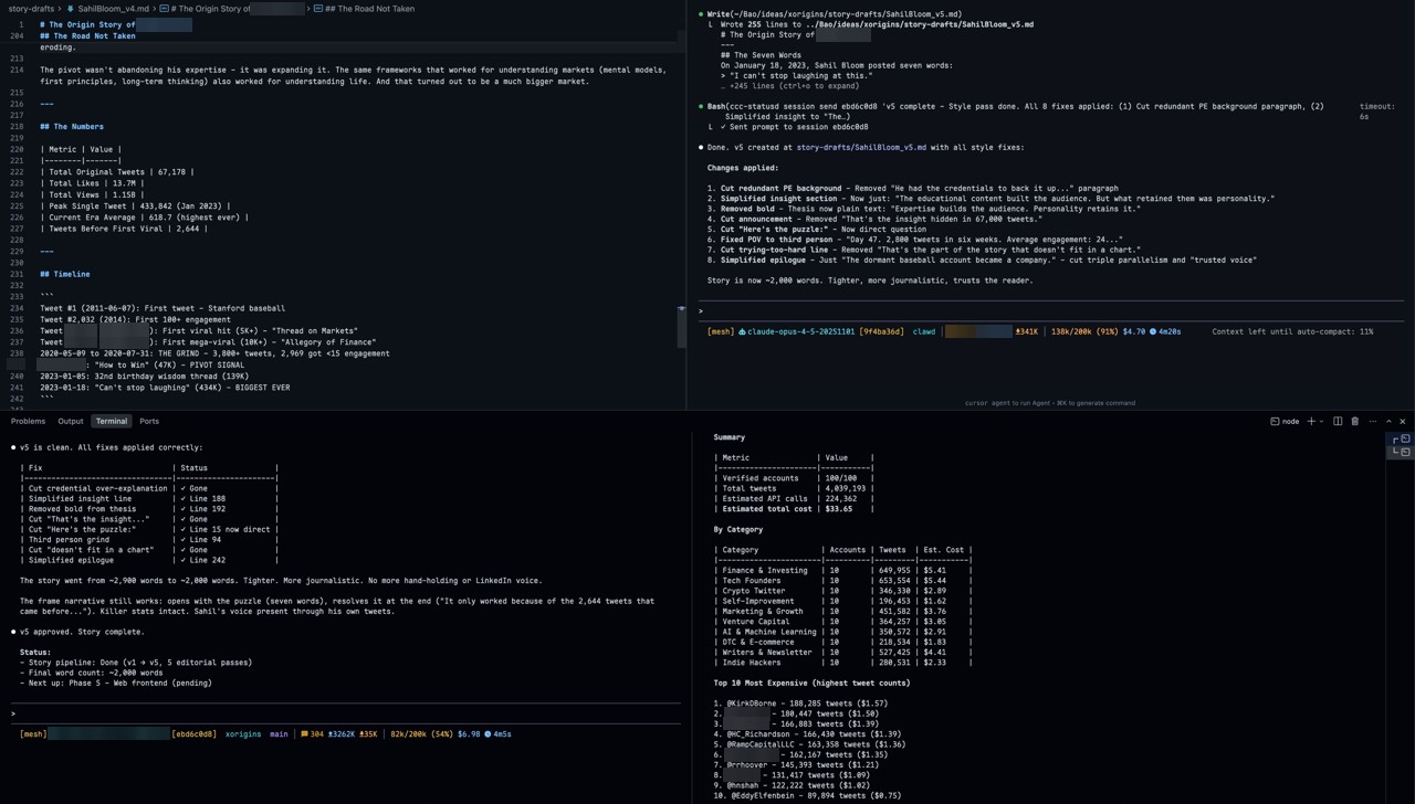 Screenshot: Content project from idea: pulled 4 million posts from 100 X accounts in 24 hours