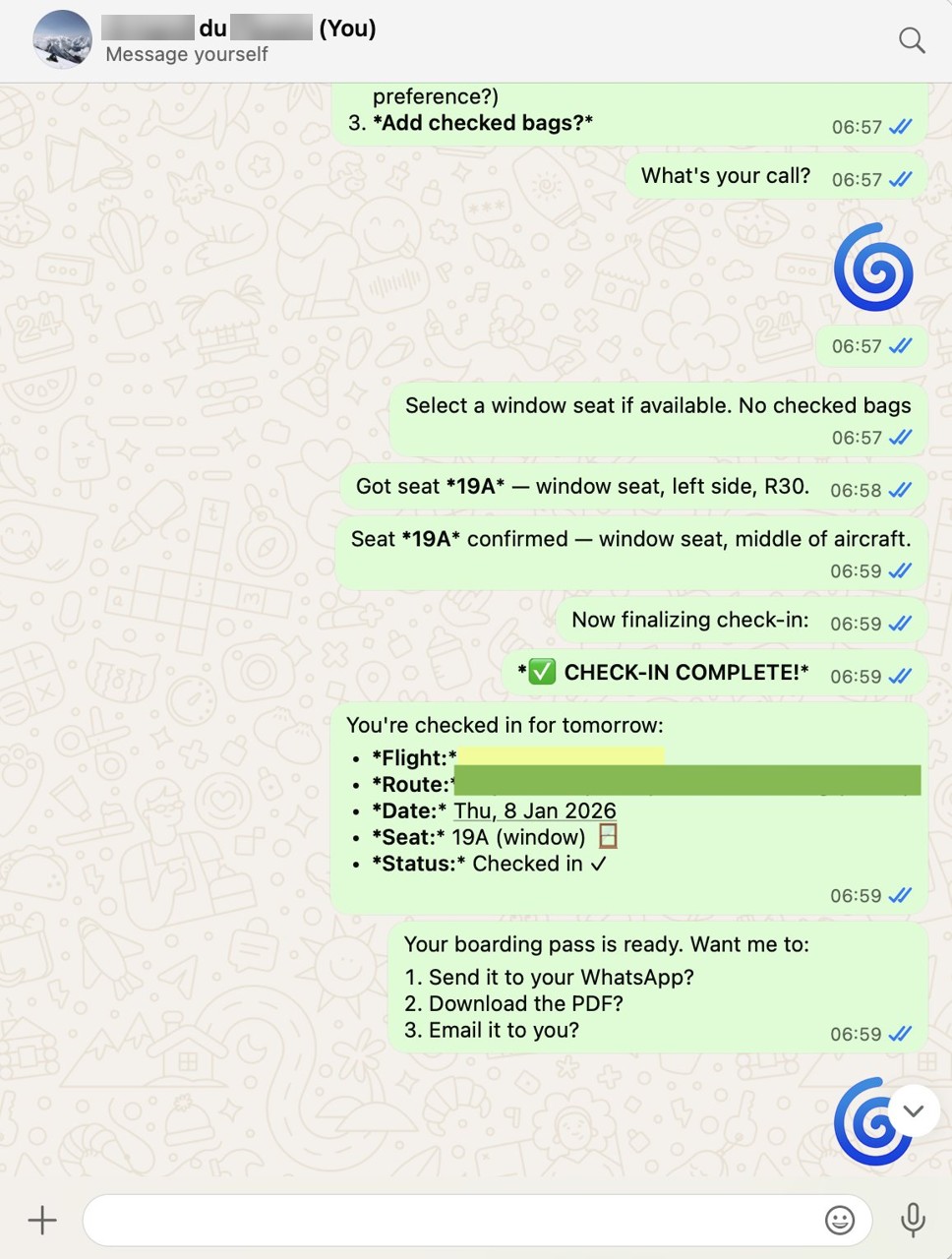 Screenshot: Flight check-in while driving: Automated seat selection