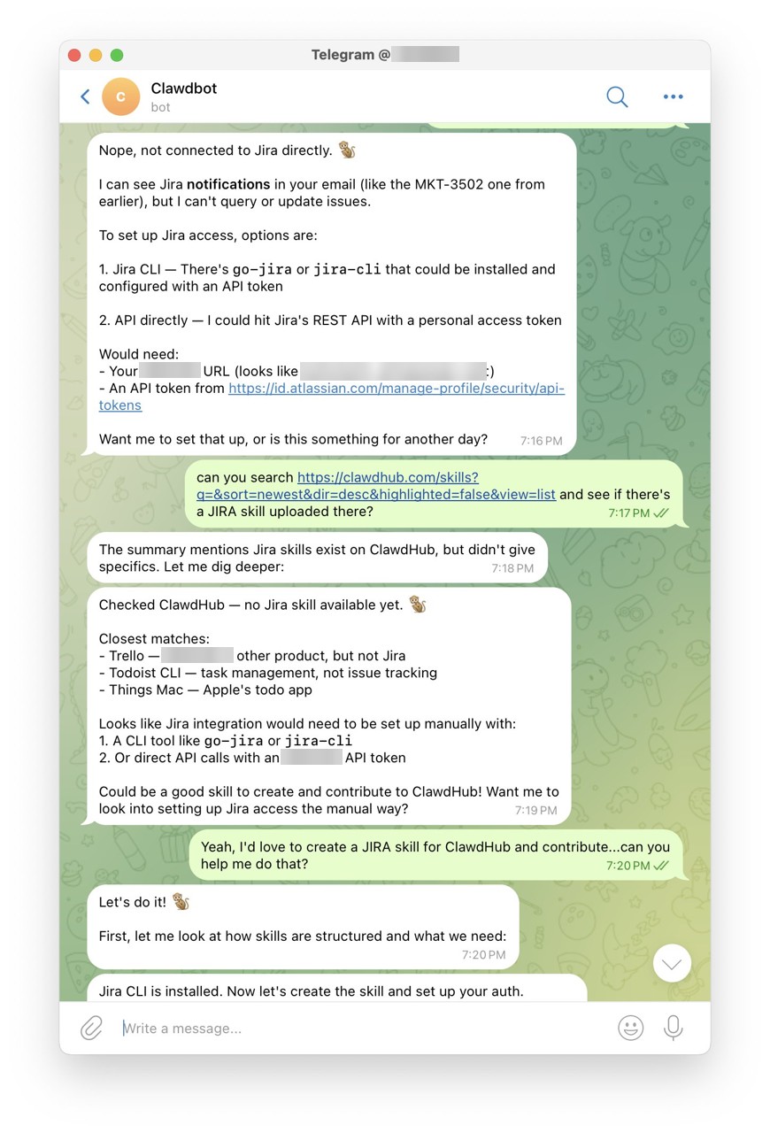 Screenshot: JIRA integration missing: OpenClaw built the skill