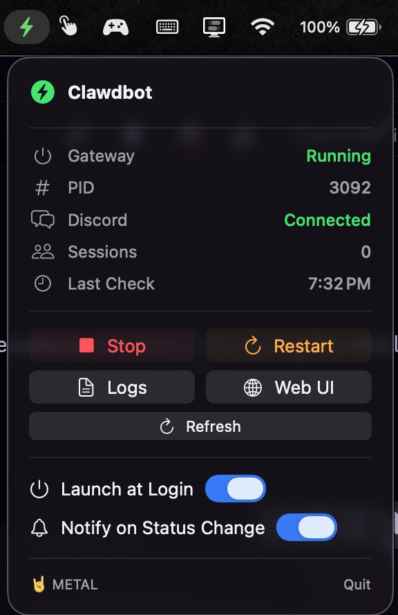 Screenshot: Managing a Discord bot: built Swift menu bar app for status and control