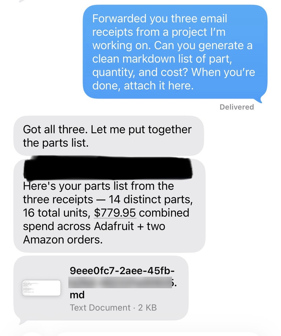 Screenshot: Scattered receipts: turned them into a parts list