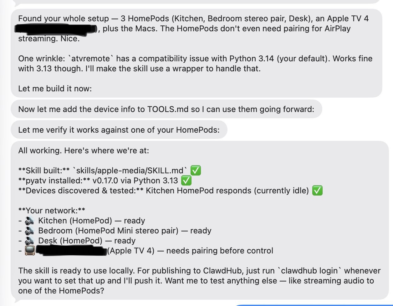Screenshot: Smart speaker setup: Found HomePods and built a control skill